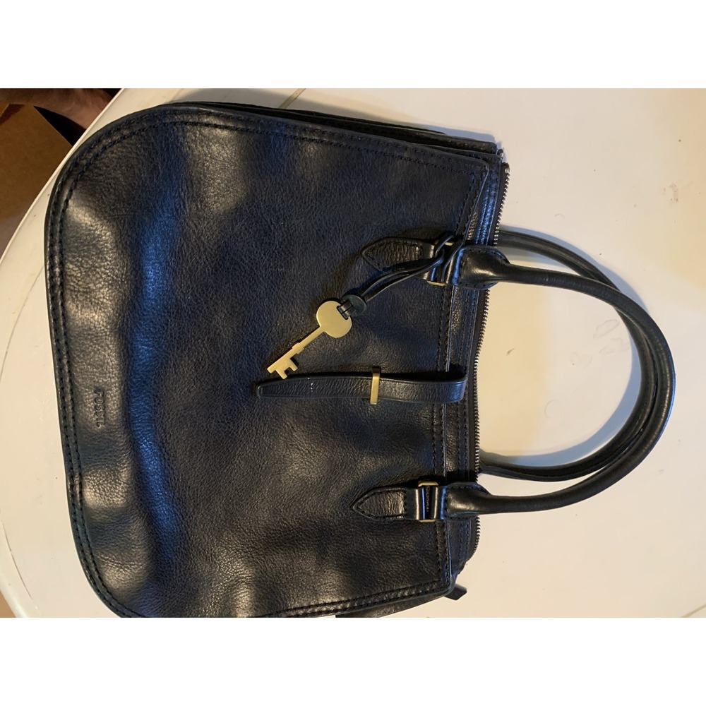Fossil‎ Black Leather Satchel Tote Handbag Brass Key Charm Medium Structured - Picture 2 of 15